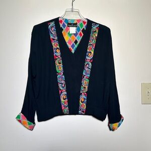 Vintage Colorful 80s Long Sleeve V-Neck Top